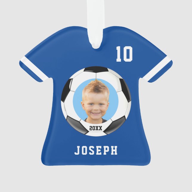 Ornamento Kids espory Blue Photo Soccer Jersey Ornament (Verso)
