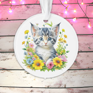 Ornamento Kit de Aquarela Personalizado Gatinho Flores Natal