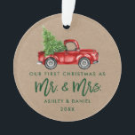 Ornamento Kraft Brush Script First Christmas Vintage Truck<br><div class="desc">Kraft Modern Green Brush Escreve nosso Primeiro Natal como Sr. e Sra. - Watercolor Vintage Red Truck Ornament</div>