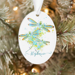 Ornamento Libélula verde-azulado personalizada com respingos