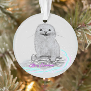 Ornamento Linda Bebê de Lontra Marinha Branca, Feliz Natal