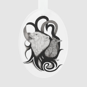 Ornamento Lobo Branco com Arte Tribal Raven