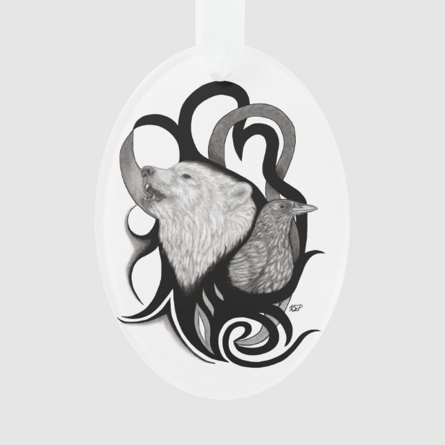 Ornamento Lobo Branco com Arte Tribal Raven (Frente)