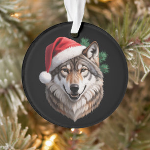 Ornamento Lobo de Natal Chapéu do Papai Noel Galhos de Pinhe