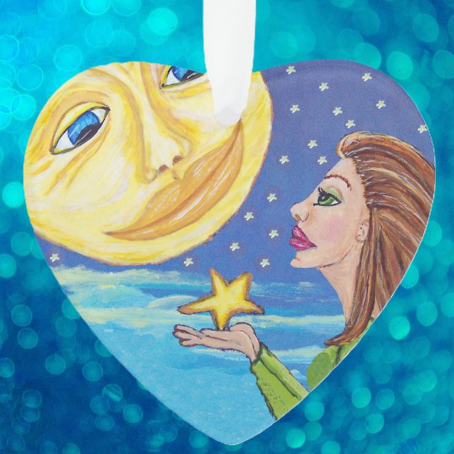 Ornamento Lua Amarela Sorria Cara Estrelas Fantasia Mulher (Woman holding star moon with smiling face  blue sky with stars clouds on heart shaped ornament.)