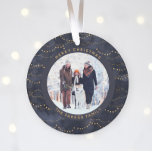 Ornamento Luzes de fada Douradas e azuis | Duas Fotografias<br><div class="desc">Este Enfeites de natal moderno apresenta um fundo azul escuro e rico,  com luzes de fadas de ouro elegantes,  e duas das suas fotos pessoais favoritas. Adicione seu nome de família em texto dourado.</div>