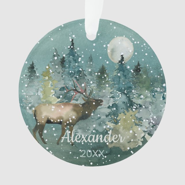 Ornamento Majestoso Alce Floresta Lua Cheia Nevasca Aquarela (Frente)
