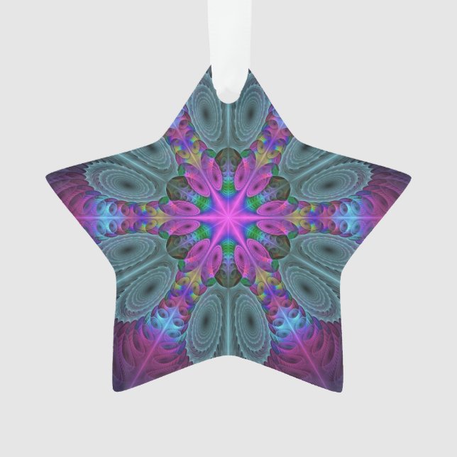 Ornamento Mandala - Arte Fractal Colorida Com Estrela Rosa (Frente)