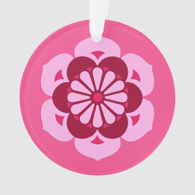 Ornamento Mandala de Flor de Lótus, Rosa Fúcsia e Borgonha (Frente)