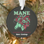 Ornamento  Mane Character Energy Funny Race Day Floral Hat<br><div class="desc">Saddle up for race day with this sassy "Mane Character Energy" equestrian design. Featuring a stylish horse silhouette wearing an extravagant floral hat in high-contrast mint green and vibrant rose red. This trendy, retro-inspired animal pun graphic captures the ultimate Southern racing vibe, making it perfect for spring racing events, equestrian...</div>