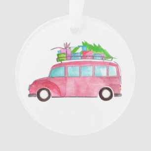Ornamento Mão pintada de aquarela Carro de Natal
