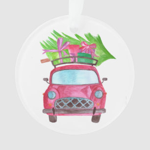 Ornamento Mão pintada de aquarela Carro de Natal