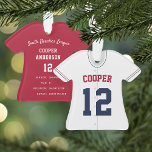 Ornamento Marinho, Estados do jogador de beisebol vermelho e<br><div class="desc">Comemore uma época incrível para seu jogador de beisebol favorito com este ornamento personalizado legal em um marinho azul, vermelho e branco. Personalize a frente com o nome e o número do jogador e adicione mais detalhes no verso, incluindo o nome da equipe ou liga, a estação, a idade, a...</div>