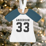 Ornamento Marinho personalizado Blue Baseball Jersey<br><div class="desc">Celebre sua estrela de beisebol com este ornamento personalizado de camisa azul e branca de pinstripe marinho. Perfeito para comemorar uma estação especial,  jogador ou equipe. Personalize-o com um nome e número para criar uma manutenção exclusiva.</div>