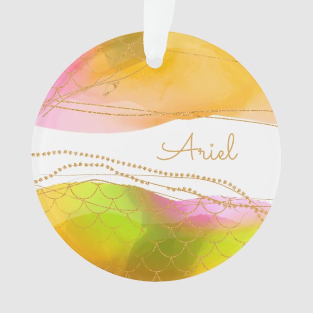 Ornamento Mermaid Watercolor, nome Dourado Glam Divertido, C (Frente)