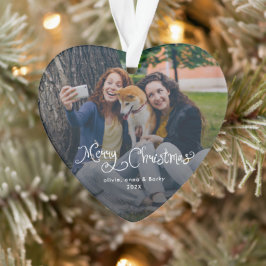 Ornamento Merry Christmas Whimsical Script Family Photo Dog