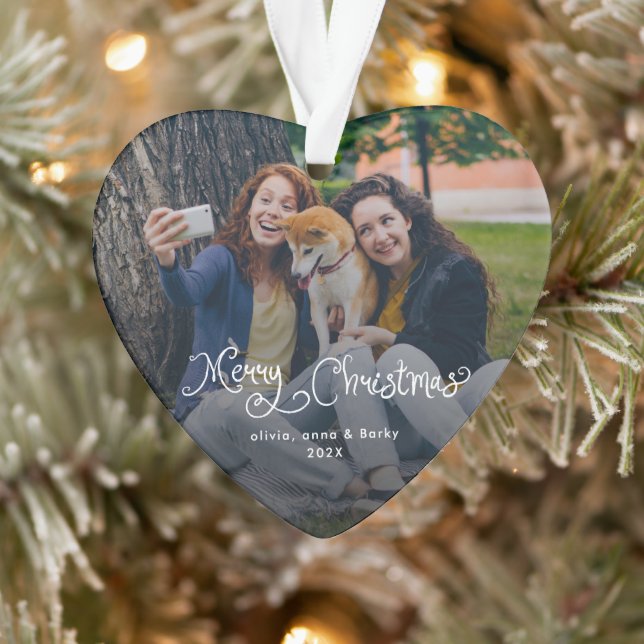 Ornamento Merry Christmas Whimsical Script Family Photo Dog (Árvore)