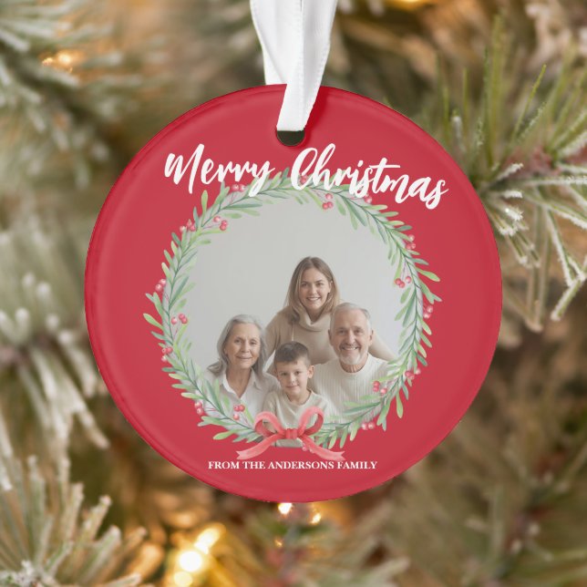 Ornamento Merry Christmas Wreath Photo Personalized Family N (Árvore)