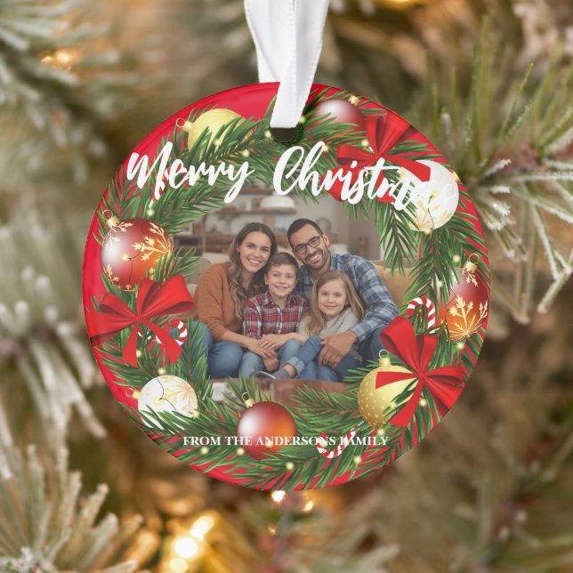Ornamento Merry Christmas Wreath Photo Personalized Family N (Árvore)