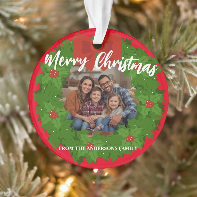 Ornamento Merry Christmas Wreath Photo Personalized Family N (Árvore)