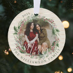 Ornamento Merry Elegant Festive Watercolor Wreath Two Photo<br><div class="desc">Elegant and festive Christmas photo wreath ornament featuring our hand-painted watercolor greenery wreath. Customize with two photos,  one on each side of the ornament. The background features a light gold champagne stripe design. Personalize with two photos,  family signature,  and year.       Hand-drawn artwork by Moodthology Papery.</div>
