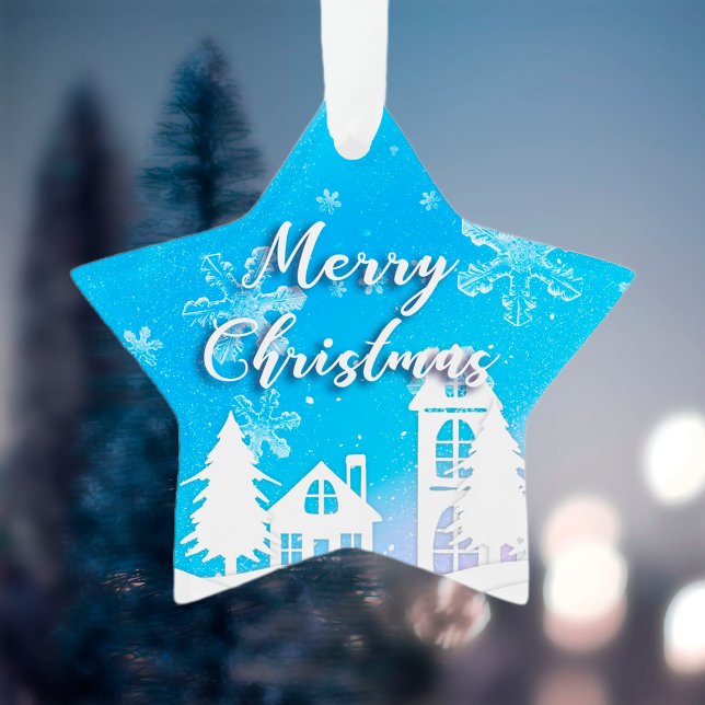 Ornamento Merry Xmas Ano Novo 2023 Casa Branca Azul Neve (Criador carregado)