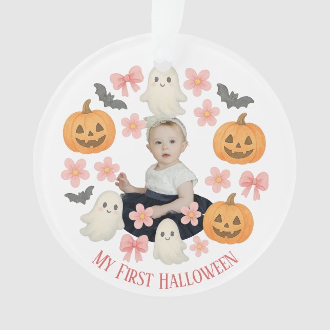 Ornamento Meu Primeiro Halloween | Pumpkin e Wreath Fantasma (Frente)