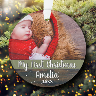 Ornamento Meu Primeiro Natal Bebê em Madeira Rústica Foto
