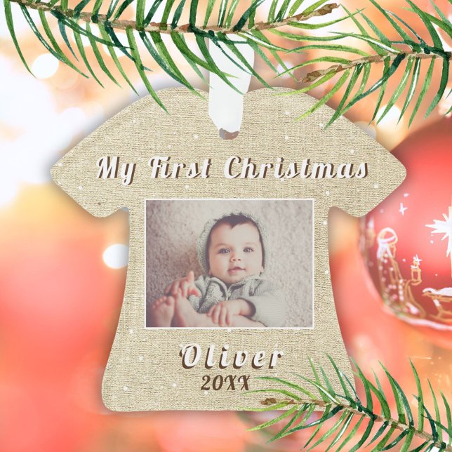 Ornamento Meu Primeiro Natal Foto Rústica de Bebê (Criador carregado)