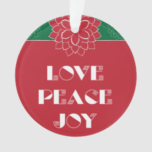 Ornamento Mínima Poinsettia Vermelha com Amor, Paz, Alegria