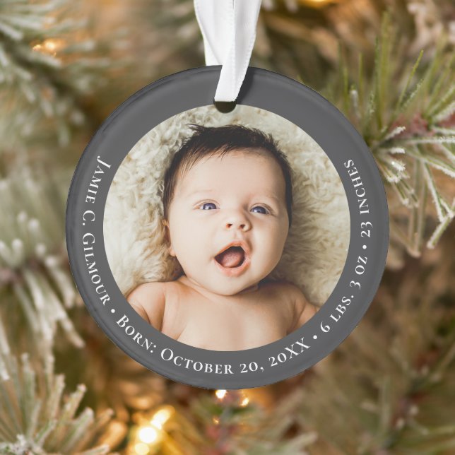 Ornamento Mod Grey Baby's First Christmas 1 photo Birth date (Árvore)