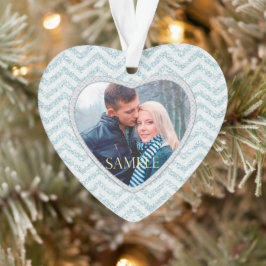 Ornamento Modelo de Foto Icy Aqua Chevron Primeiro Natal
