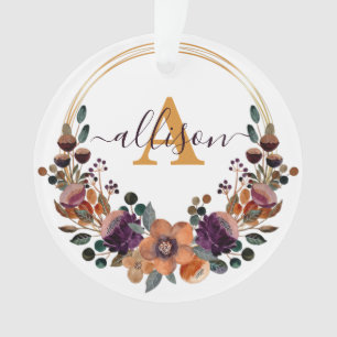 Ornamento Moldura floral em burgundy e dourado personalizada