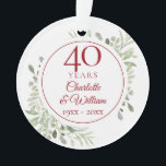 Ornamento Molt Watercolor Greenery 40º aniversário Foto<br><div class="desc">Apresentando delicadas folhas de cor aquática,  esta design de 40 anos de casamento botânico pode ser personalizada com suas informações especiais de 40 anos em texto elegante de rubi e sua foto ao contrário. Projetado por Thisnotme©</div>