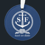 Ornamento Monograma clássico Barco de Praia da Âncora Azul N<br><div class="desc">Um design náutico clássico com uma âncora branca e uma corda náutica contra um fundo azul marinho. Adicione suas iniciais monogramas e outra linha de texto - data, local, evento, etc. Excelente para casamentos temidos náuticos, festas ou seu barco, praia ou casa de lago. Clássico, eterno, pré-disquete e na moda...</div>