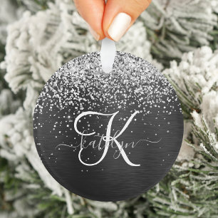 Ornamento Monograma do Sparkle Preto com Glitter de Prata Pe