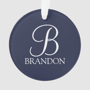 Ornamento Monograma e Nome de Script Personalizado Azul-mari