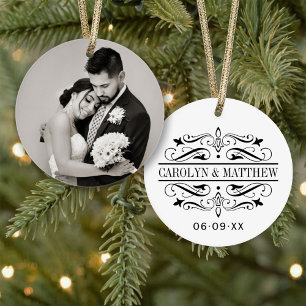 Ornamento Monograma Elegante de Foto de Casamento com Florei