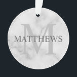 Ornamento Monograma Personalizado e Marca Marble Look<br><div class="desc">Monograma Personalizado e Presente de Nome apresenta o nome personalizado em cinza e monograma em cinzas de luz como fundo,  no estilo clássico de fonte de serifa,  em fundo de aparência de mármore branco. Perfeito para feriado,  reagrupamento familiar e quaisquer ocasiões especiais.</div>