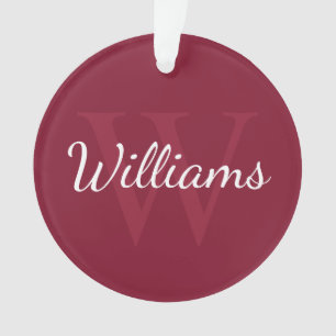 Ornamento Monograma Personalizado e Nome Vermelho Borgonha