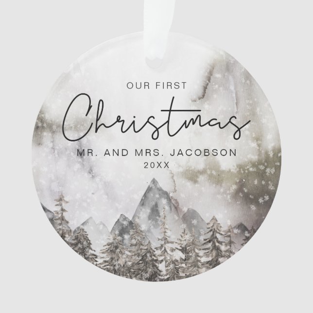 Ornamento Moody Winter Watercolor Mountain Primeiro Natal (Frente)