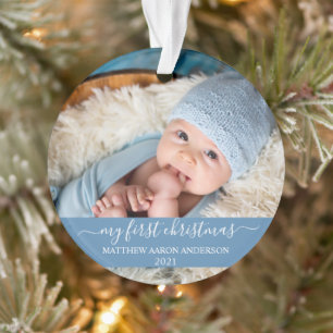 Ornamento Na moda Script My First Christmas Baby Blue