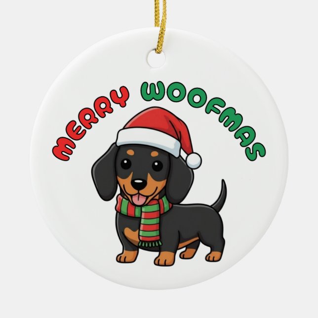Ornamento Natal Black Dachshund: Feliz Woofmas (Frente)