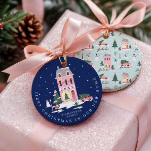 Ornamento Natal Em Nova Cidade Gelada E Van Retro Rosa Rosa