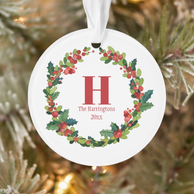 Ornamento Natal Holly Wreath Monograma Personalizado (Árvore)