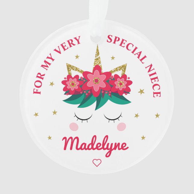 Ornamento Natal Unicorn Niece Gift Personalizado (Frente)