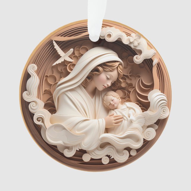 Ornamento Natividade Mary e Bebê Jesus 3d Madeira parecem br (Frente)