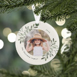 Ornamento Naturalmente Joyful | Foto Personalizada Botânica<br><div class="desc">Este feriado comemora um ano especial com este elegante Enfeites de natal personalizado. Graciosos manchas de cor-d-água pintada verde-mudada enquadram sua foto com seu nome e o ano curvando. Adicione uma segunda foto ao verso.</div>