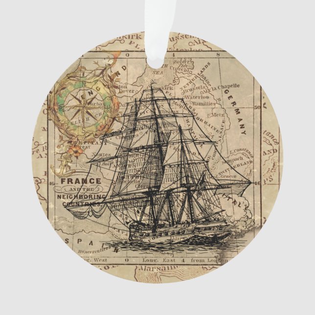 Ornamento Navio Vintage e velho mapa europeu (Frente)