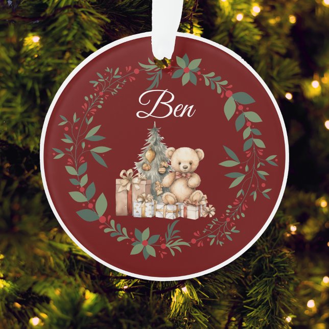 Ornamento Nome Burgundy Ursinho Árvore de Natal (Criador carregado)